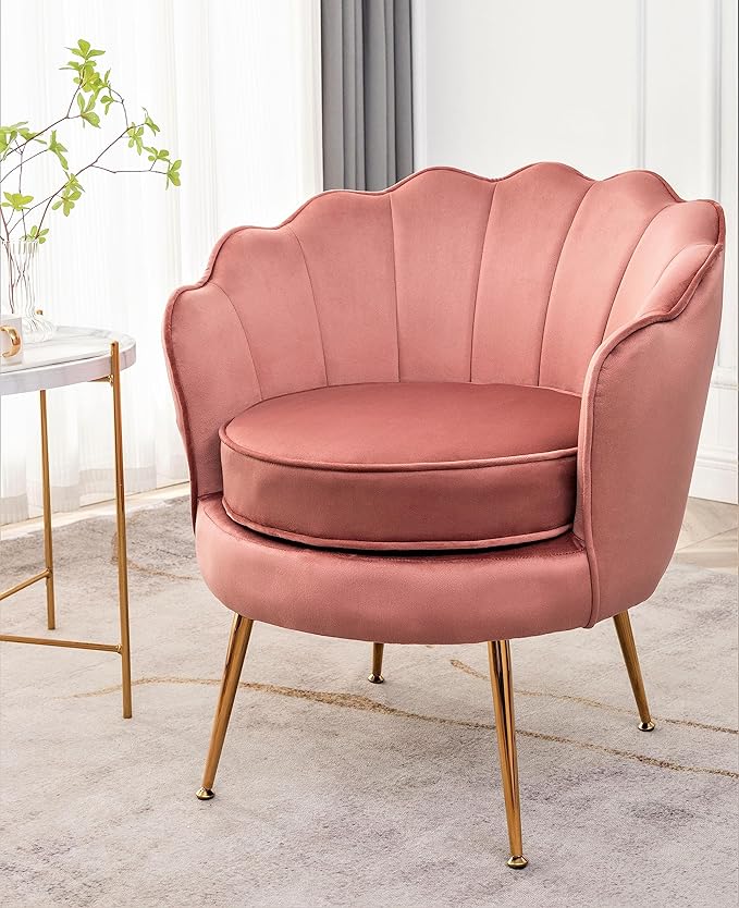 Container Furniture Direct Velvet Barrel Accent Chair with Scalloped Silhouette and Gold Metal Legs, Decorative Piece Suitable for Traditional, Modern, and Contemporary Spaces, Rose