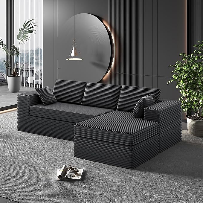 luckyvo 108-inch Boneless Couch for Living Room，Comfy Boneless Sofa with Deep Seats & Chaise Lounge, 3-Seat Modular Sofa Memory Foam Sectional Couches - No Assembly Required(Dark Grey)