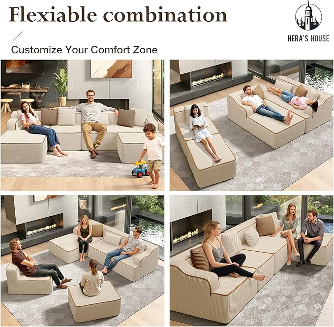 HERA'S HOUSE 134" Cloud Sectional Couch, U-Shaped Modular Upholstered Sofa with Ottoman, Corduroy Boneless Couches with Wide Armrest and 6 Throw Pillows for Living Room, No Assembly Required, Beige