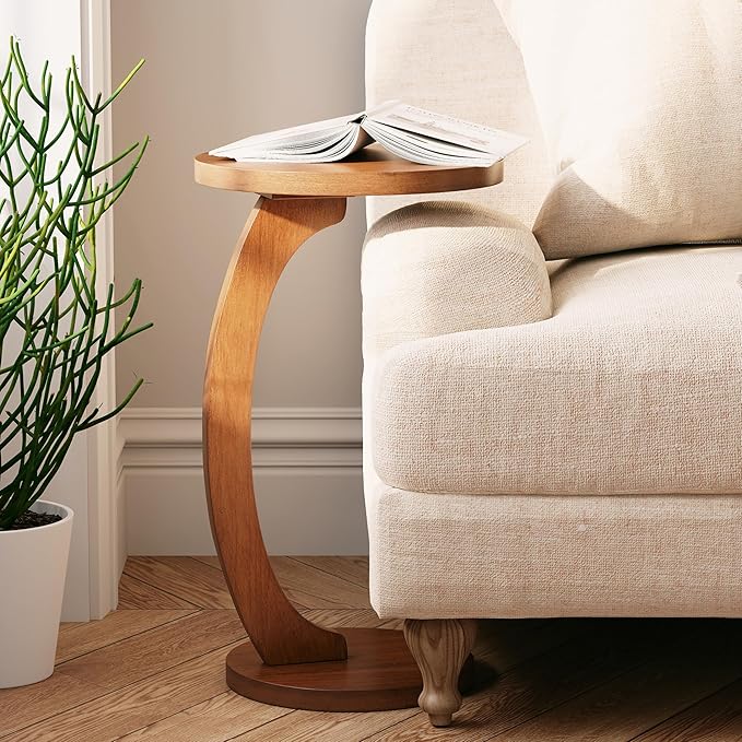 COZAYH C Shaped Round End Table for Couch Small Place, Space Saver Side Table for Sofa, Living Room, Bedside Area, Coffee and Eating Snack Tray, Walnut Color