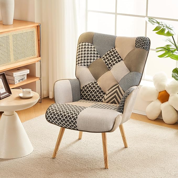 Accent Chair, Living Room Chair, Modern High Back Armchair, Colorful Patchwork Reading Chairs for Bedroom, Lounge Chair with Linen Fabric Shell and Solid Wood Feets (1, Gray)