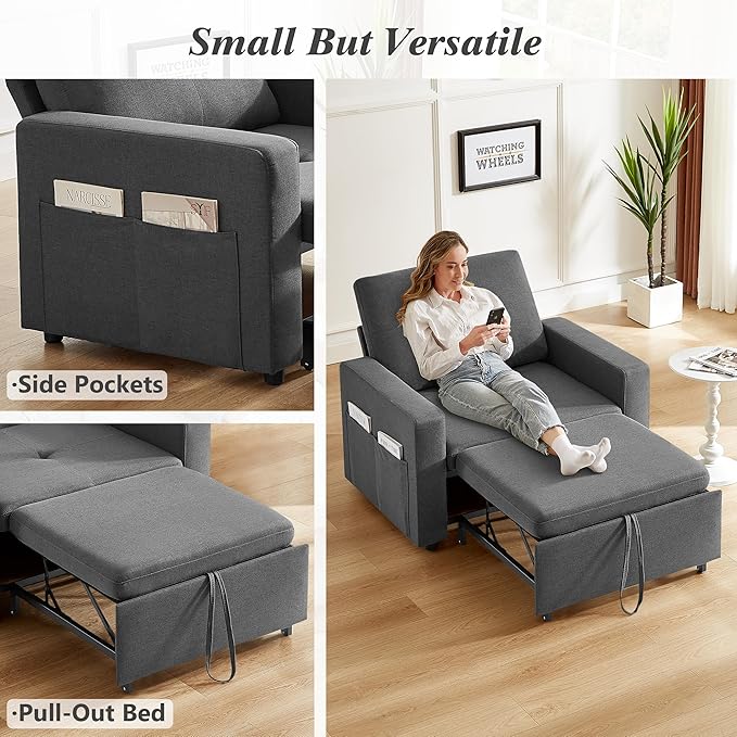 WEUP 42.5" Sleeper Chair Bed, 3-in-1 Oversized Convertible Sleeper Sofa Chair with Pull Out Bed, Reclining Adjustable Backrest/Side Pockets, Tool-Free Assembly, Basic Dark Grey