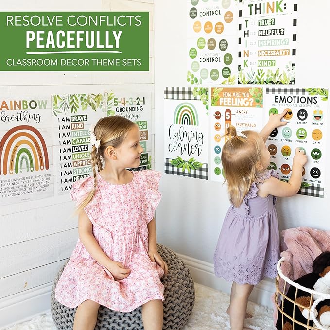 Hadley Designs 8 Calming Corner Posters For Classroom Must Haves For Teachers - 11x17 Calm Down Corner Supplies, Feelings Chart For Kids Ages 4-8, Toddler Emotions Chart, Farmhouse Classroom Decor