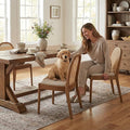 DUOMAY Mid-Century Modern Rattan Dining Chairs Set of 2, Wooden Dining Room Chair with Cane Backrest and Padded Seat, Linen Upholstered Dining Chair, Natural Finish, Beige