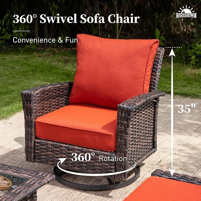 SUNSHINE VALLEY Patio Furniture Set with Swivel Chairs, High Back Wicker Rattan Furniture with 5.5" Thick Cushion and 2 Ottoman, Outdoor Conversation Set for Backyard Deck, Red