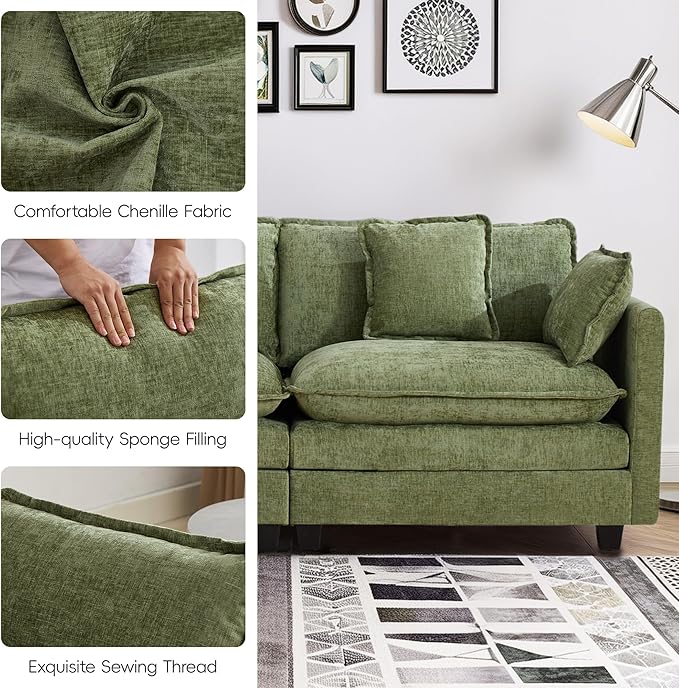 UMBFUN 3-Seater Cloud Couch with Ottoman, Oversized Comfy Modular Sectional L Shaped Sofa with Deep Seats, Chenille Couch for Living Room, Green
