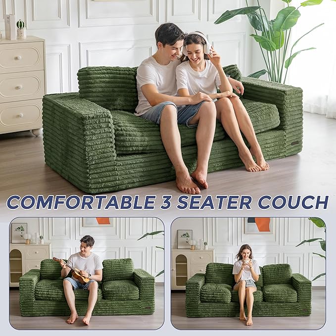 MAXYOYO 3-Seater Boneless Sofa Couch, Modern Faux Fur Sofa for Living Room, Soft Bean Bag Chair High-Density Foam Couch with Pillows, No Assembly Required