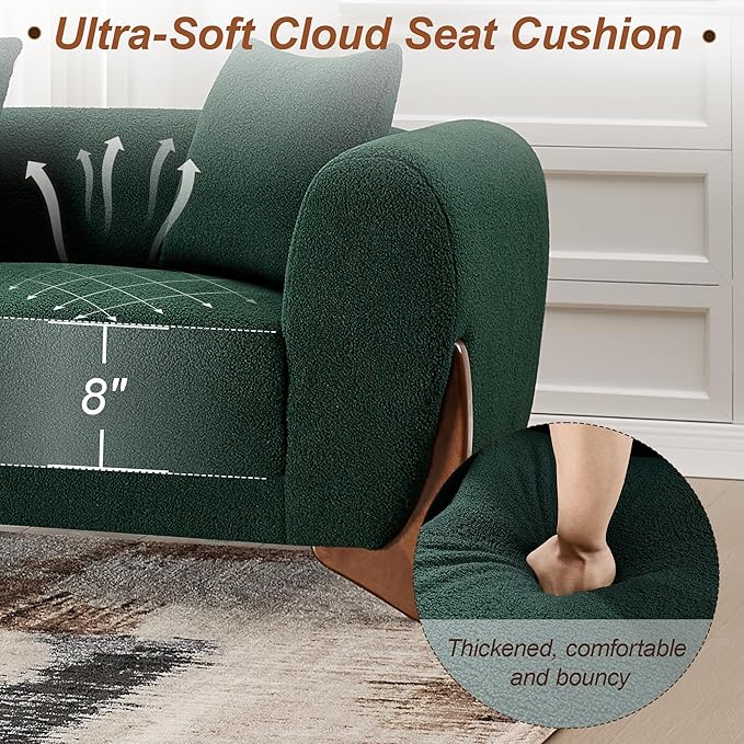 87" Sherpa Boucle Cloud Couch Modern 3 Seater Sofa with Solid Wood Legs, 25" Extra Deep Seat, Comfy Thick Cushion Upholstered Sofa Couches with 3 Pillows for Living Room, Green