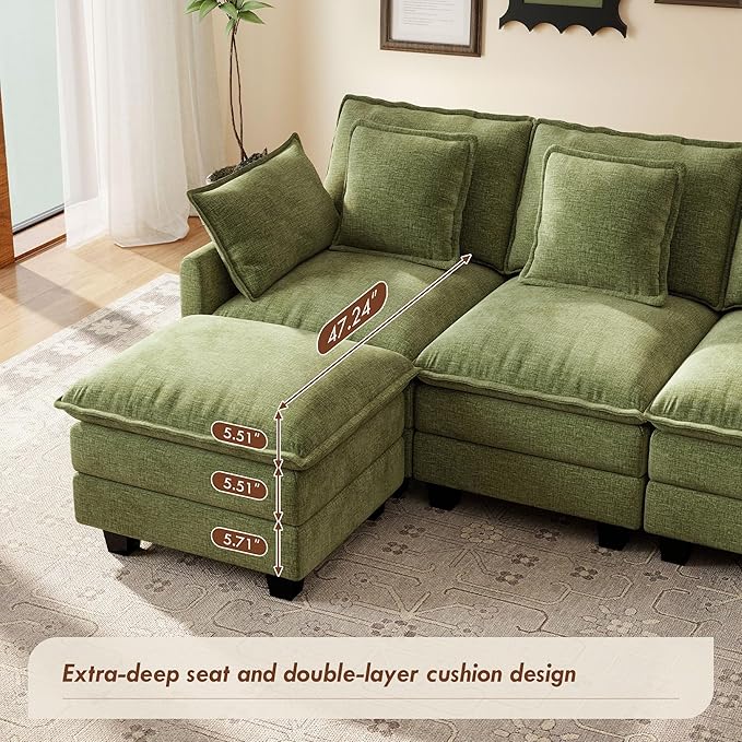 Ihanherry 106" U-Shaped Modern Sofa Modular Sectional Cloud Couch 6-Seat Chenille Seat Sofa with Ottoman for Living Room, Bedroom and Apartment, Green