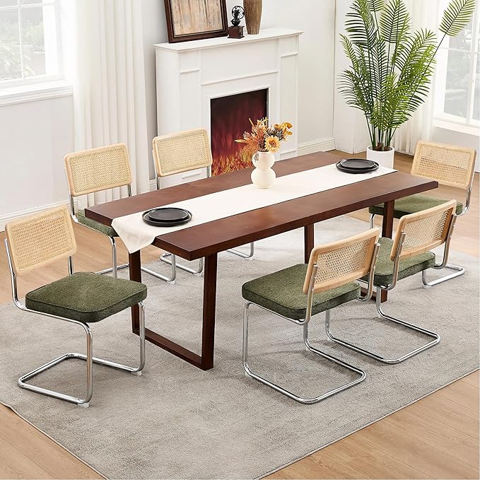 Zesthouse Natural Rattan Dining Chairs Set of 6, Mid Century Modern Dining Chairs with Solid Wood Back & Chrome Base, for Kitchen Living Room, Breuer Design Inspired, Upholstered Linen Fabric, Green