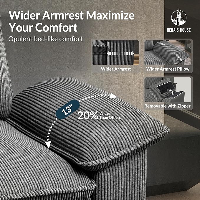 HERA'S HOUSE 3 Pieces Modular Sectional Sofa Sets, Oversized Couch Set with Loveseats and Armchair, Comfy Cloud Couches with Throw Pillows, 6-Seater Deep Seat Sofa for Living Room, Corduroy Grey