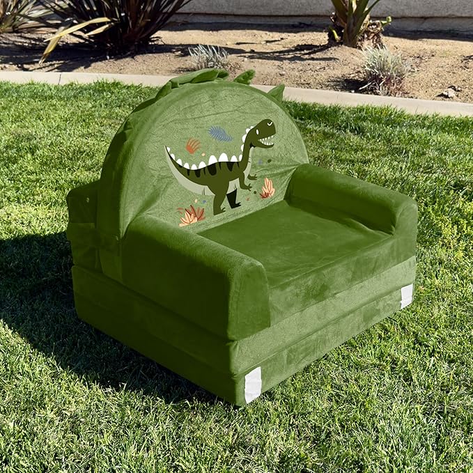 ORWIPO Dinosaur Kids Sofa Bed with Removable Washable Cover & Hook and Loop Backrest – Foldable Toddler Chair, Cozy Crystal Velvet Furniture for Playtime, Naps & Travel (Dark Green, Dino Design)
