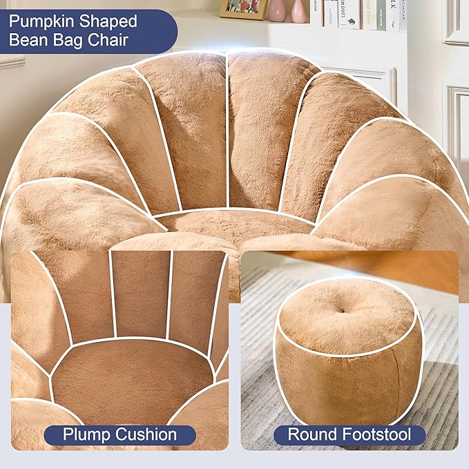 Pumpkin Shaped Bean Bag Chair with Ottoman, Gaint Bean Bag Chair for Adults, Faux Rabbit Fur Comfy BeanBag Floor Sofa Chair for Reading, Playing, Relaxing, Khaki