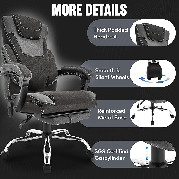 Massage Office Chair with Footrest,6-Point Vibration and Heat Executive Office Chairs,Ergonomic Desk Chair for Heavy People,500LBS Big and Tall Fabric Office Chair,BlackGrey