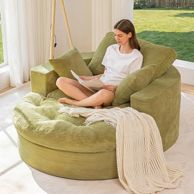 MAXYOYO Oversized Round Chaise Lounge Sofa, Upholstered Lounge Chair with 3 Pillows, Boneless Sofa Couch with Ottoman, Deep Seat Sleeper Chair for Living Room, Bedroom, No Assembly, Green