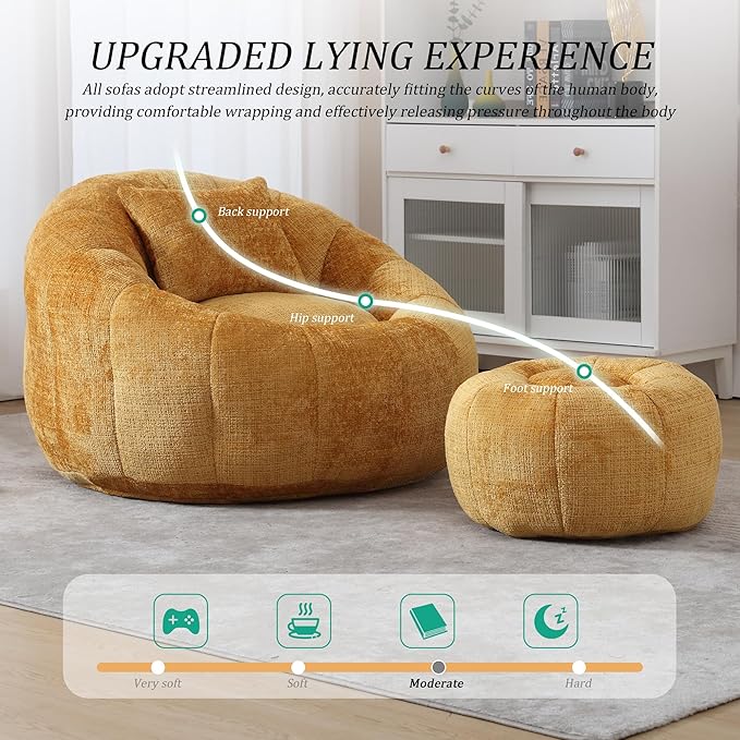 HOMEFLEX Modern Bean Bag Chair for Adults, Comfy Reading Nook Seating with Pillow, Round Chairs with Ottoman, Leisure Single Sofa, Ideal for Living Room, Bedroom, Apartment (Yellow)