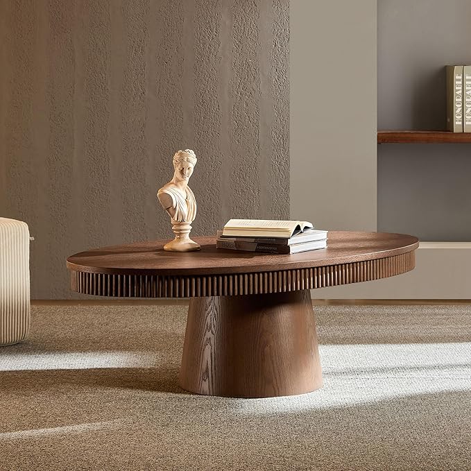 Coffee Table Modern Oval Wood Coffee Tables Mid Century Center Fluted Farmhouse Drum Tea Boho Wooden for Living Room Apartment Home Office Walnut 47.24" W x 26.77" D x 15.86" H