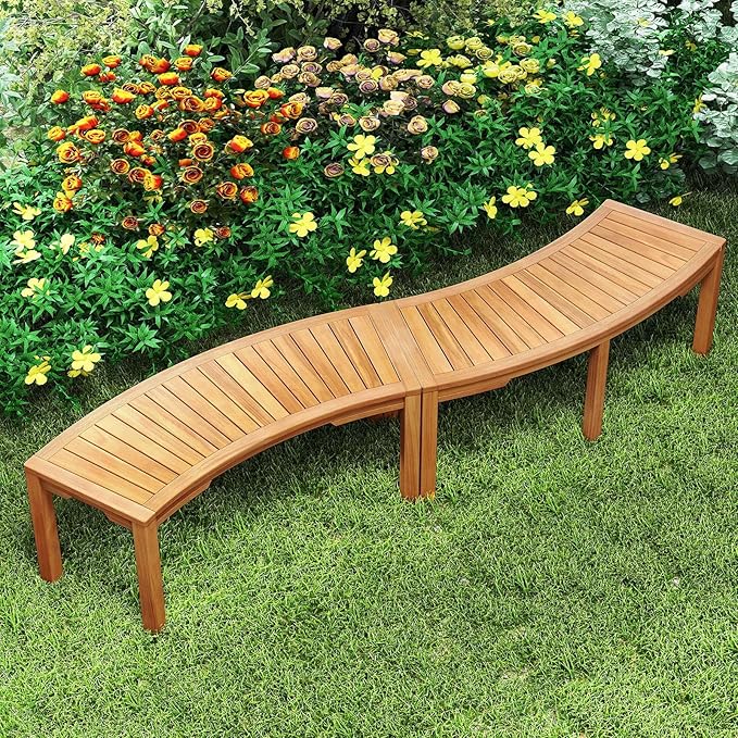 Tangkula Outdoor Curved Bench, Acacia Wood Fire Pit Bench w/Slatted Seat, Patio Backless 2-Person Seating for Porch, Yard, Garden, 800 LBS Max Load, Oil Painted (1, 45")