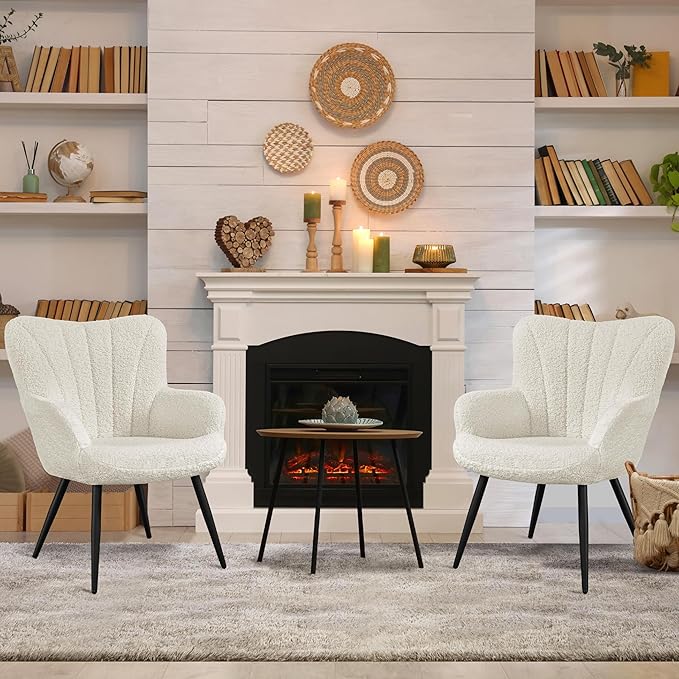 Yaheetech Boucle Accent Chair, Modern Fuzzy Sherpa Armchair, Upholstered Vanity Chair with High Back and Mental Legs for Living Room Makeup Bedroom, Ivory, Set of 2