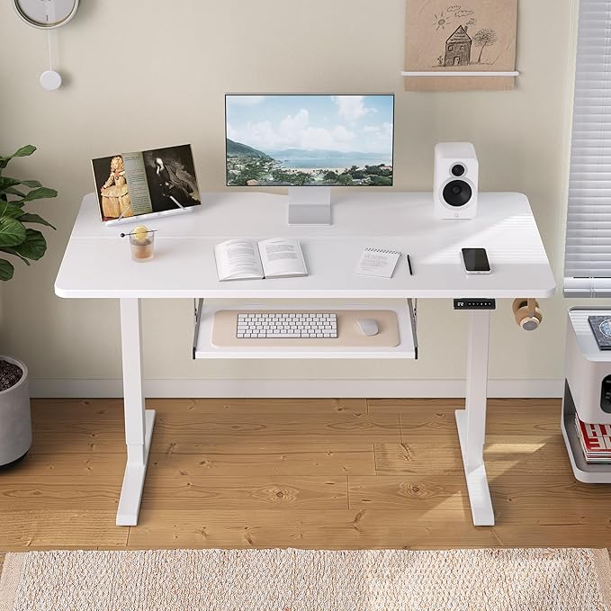 FEZIBO Standing Desk with Keyboard Tray, 60 x 24 Inch Adjustable Height Sit Stand Desk with Memory Presets for Home Office, Ergonomic Computer Workstation, White