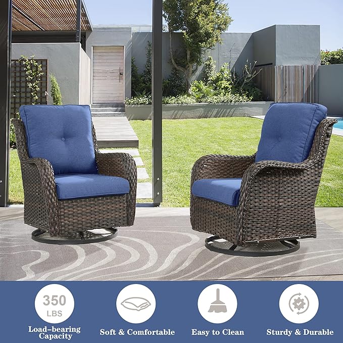 Belord Wicker Outdoor Furniture Patio Furniture Set - 6 Piece Patio Conversation Set with Swivel Rocker Chairs, Loveseat Sofa, Ottomans and Coffee Table, Blue Cushion