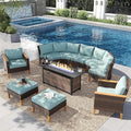 PHI VILLA Half-Moon Patio Furniture Set with 56" Fire Pit Table, Wicker Outdoor Curved Sectional Sofa with Cushions, Ottomans, Large Conversation Seating for Garden or Backyard, Aqua Blue