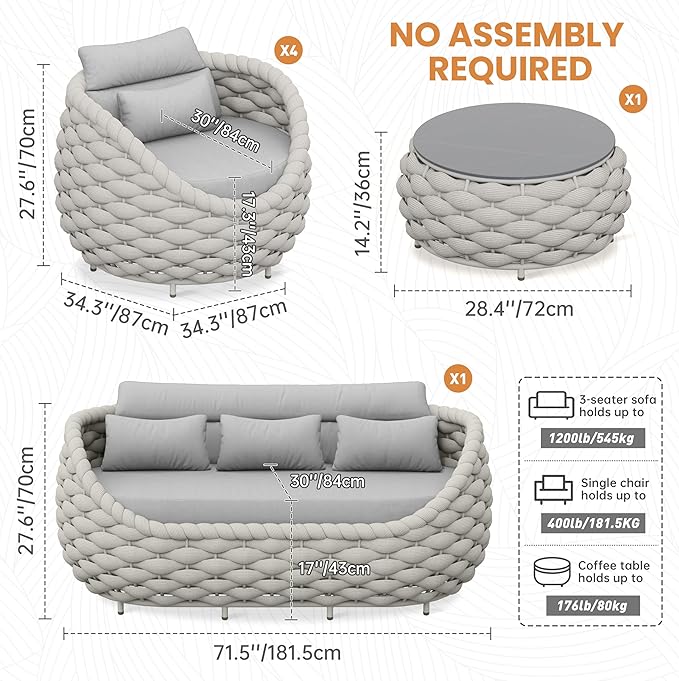 Erotr 6 Pieces Deck Patio Furniture Set: Hand Woven Rope, Rusrproof Aluminum Frame, Weather Resistant, Thick Cushions, No Assembly, Comfy Outdoor Conversation Sofa Set for Porch Yard Lawn Hotel - Gray