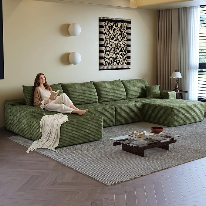 AUGOP 136" Sectional Couches for Living Room Modern Modular Sofa with L-Shape Couchs Upholstered Boneless Couch Deep Seat Sectional Couch with Chaise (Green, Right Facing Chaise+3Seaters+Ottoman)