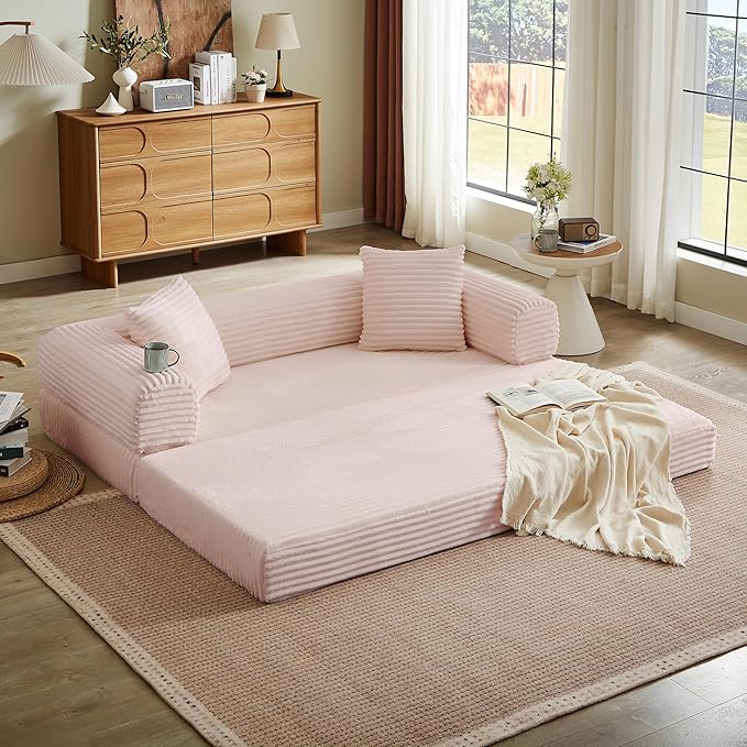 Chorlenimi Boneless Couch Futon Sofa Bed Sectional Couches for Living Room,Cloud Couch with Sleeper Sofa,Sofas for Living Room Oversized Corduroy Upholstered (Pink, 76 Inches (No Iron Frame))