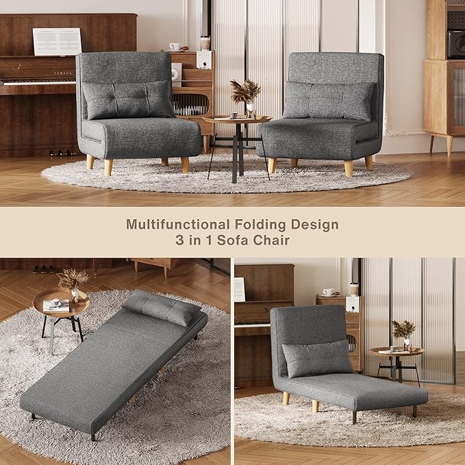 Aiho 3 in 1 Sleeper Chair Bed, Convertible Chair Bed Futon Sofa with Adjustable Backrest, Accent Chair for Apartment/Bedroom/Office, Dark Grey
