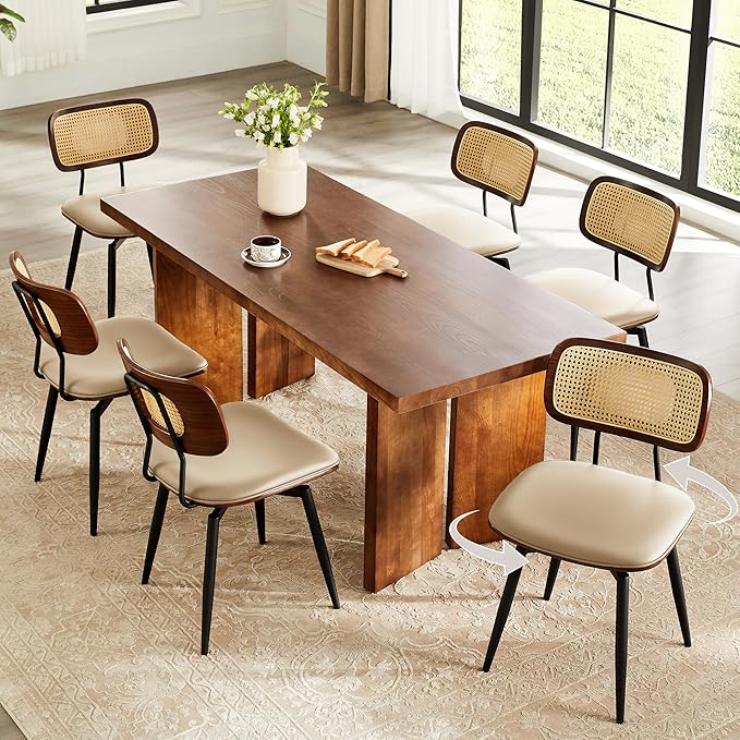 Quenvo Swivel Dining Chairs with Rattan Back, Rattan Leather Dining Chairs with Swivel Metal Legs, Mid-Century Modern Synthetic Leather Upholstered Kitchen Chair, Set of 2, Beige