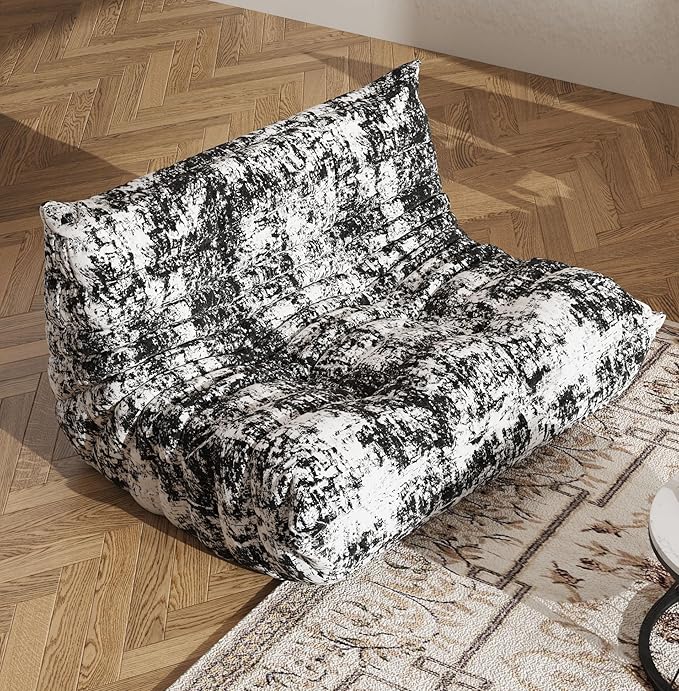 Bean Bag Chair, Fireside Chair, Large Bean Bag Chair for Adults, Bean Bag Chairs for Teens with High-Resilience Foam, Non-Slip Base Floor Lounge Sofa,Living Room (Cross White-Black, Loveseat)