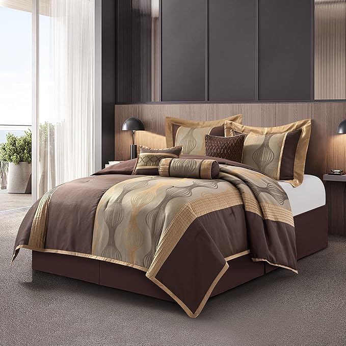 Grand Avenue Elagant Jacquard Brown Comforter Set, Size California King, 7 Piece Bed in a Bag, Striped Bedding Set All Season, Matching Decorative Pillows, Pillow Sham & Bed Skirt