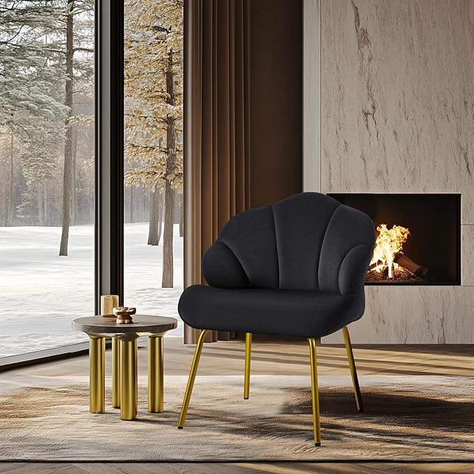 Yaheetech Vanity Chair, Velvet Accent Chair with Shell-Shaped Backrest, Modern Armchair with Gold Metal Legs for Dressing Room/Bedroom/Living Room, Black