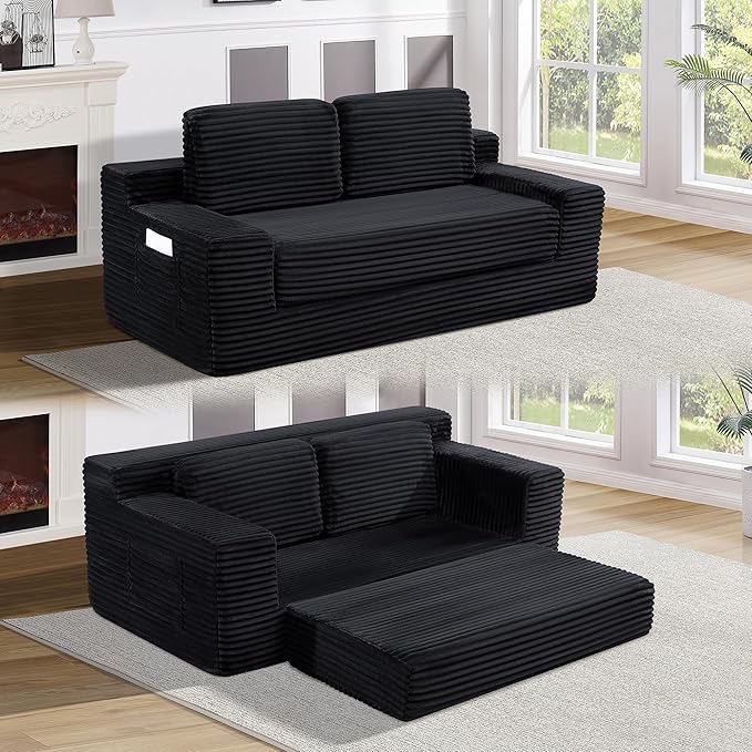 Loveseat Cloud Boneless Couch, Upholstered Floor Sofa with Armrests, 2-in-1 Convertible Corduroy Couch Bed for Living Room, Apartment, Black