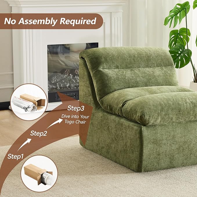 WUTUTUEE Boneless Chair, Double-Layer Armless Floor Sofa with High Density Memory Foam, No Assembly Togo Sofa, Chenille Bean Bag Chairs for Living Room, Bedroom, Comfy Cloud Chair (Green)