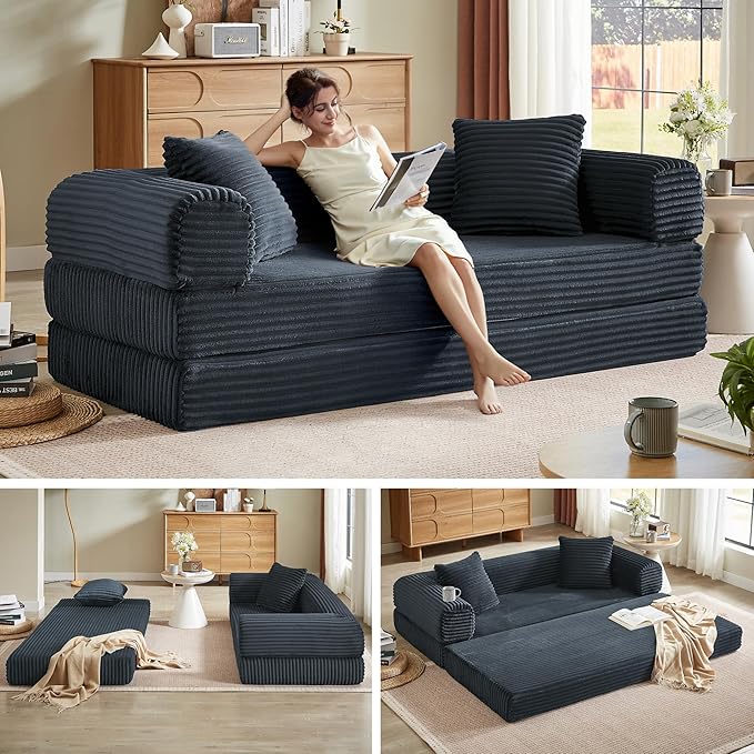 Chorlenimi Boneless Couch Futon Sofa Bed Sectional Couches for Living Room,Cloud Couch with Sleeper Sofa,Sofas for Living Room Oversized Corduroy Upholstered (Gray, 76 Inches (No Iron Frame))