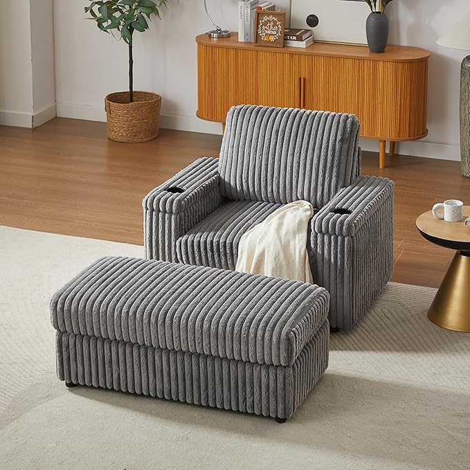 Eafurn 42.5" Oversized Accent Chair with Storage Ottoman Convertible Chaise Lounge, Corduroy Cloud Sofa Chair w/Cupholders, Modern Extra Wide Armchair