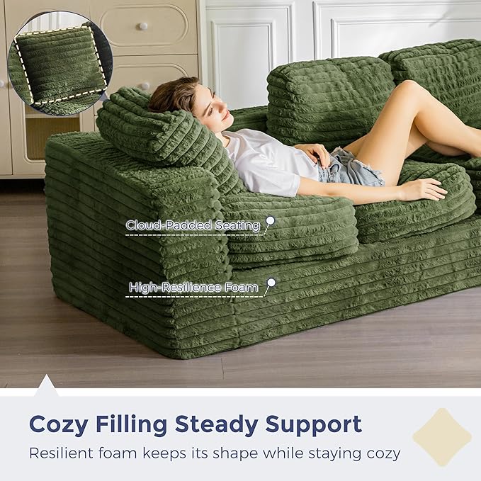 MAXYOYO 3-Seater Boneless Sofa Couch, Modern Faux Fur Sofa for Living Room, Soft Bean Bag Chair High-Density Foam Couch with Pillows, No Assembly Required