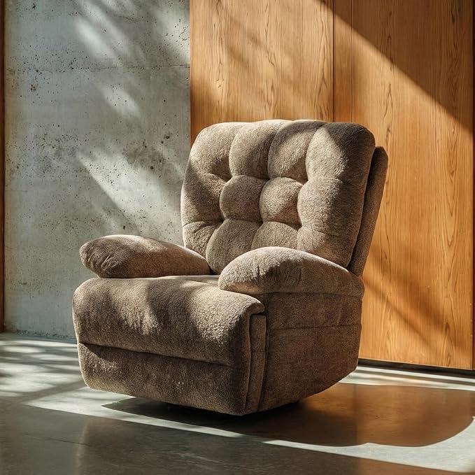 COLAMY Floren Power Swivel Recliner Chair with USB & Type-c Charge,Oversized and Padded Upholstered Deep Seat and Armrest，Rocking Recliner with Double Storage Pockets,Coffee