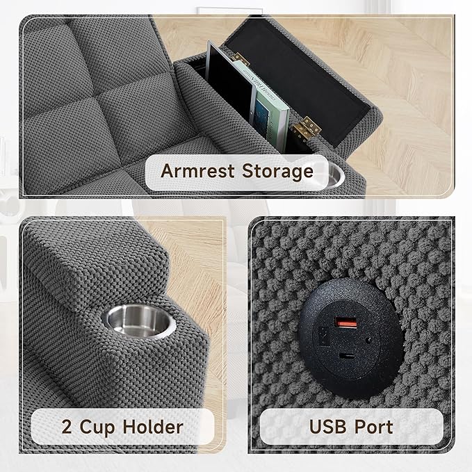 oaaktu Single Modern Comfy Upholstered Chaise Lounge Sofa Chair with Rotating Side Table,Storage,Pillow,USB Charging Ports and Adjustable Backrest Perfect for Living Room, Small Spaces (Dark Gray)