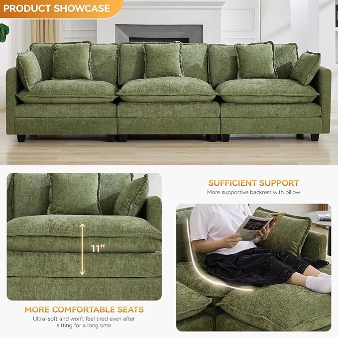 111'' Sectional Cloud Deep Seat Couch, Modern Comfy Chenille Modular Sectional Sofa for Living Room Set, Upholstered Modular 3-Seats Sofa Couch, Green