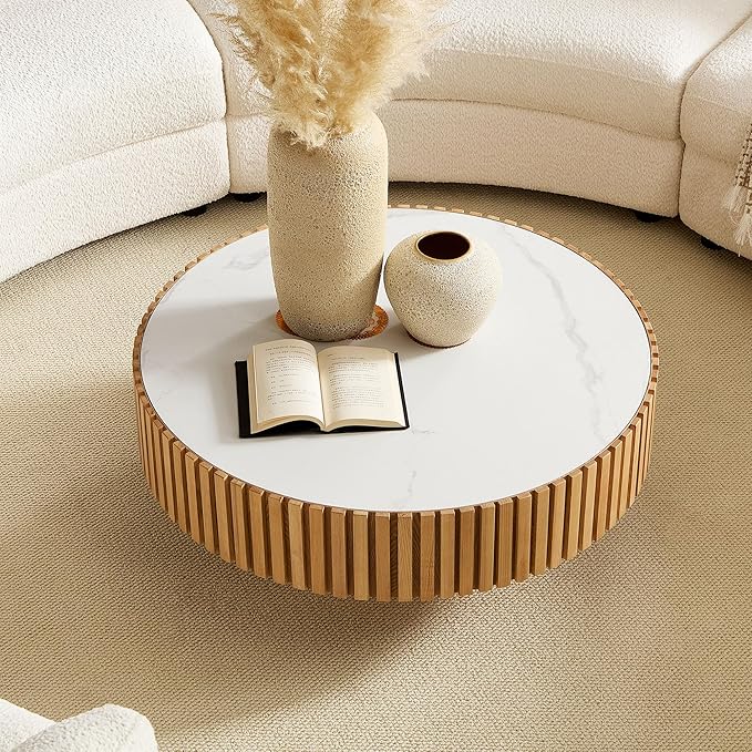35.43''/90CM Modern Drum Coffee Table, Luxury Circle Wood Coffee Table for Apartment,Small Space (Original Wood(Oak), Ø35.43 x 13.77 Sintered Stone Tabletop)