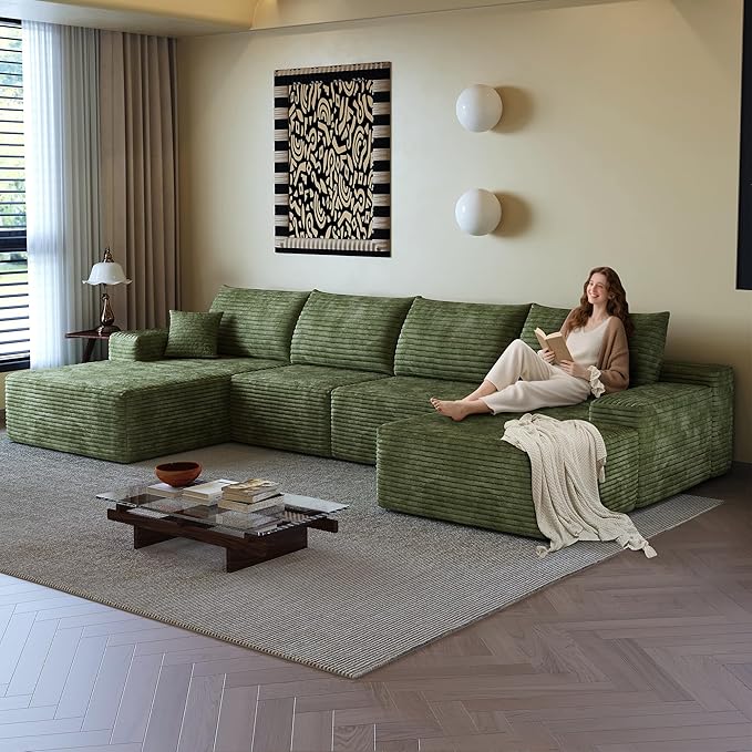 AUGOP 136" Sectional Couches for Living Room Modern Modular Sofa with L-Shape Couchs Upholstered Boneless Couch Deep Seat Sectional Couch with Chaise (Green, Left Facing Chaise+3Seaters+Ottoman)