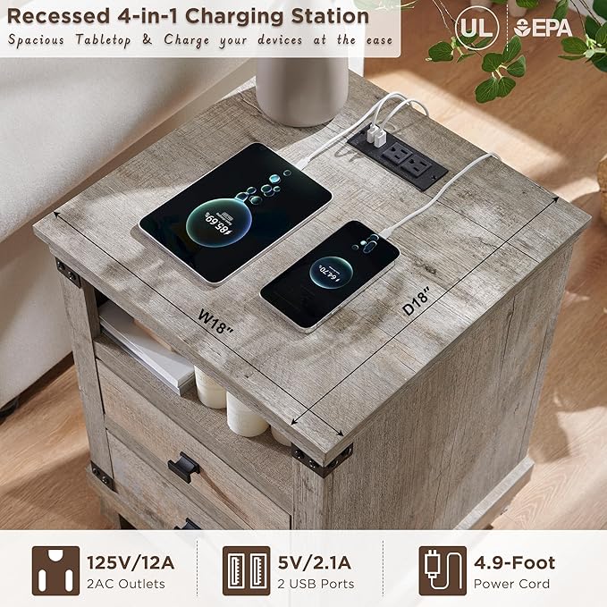 RedLemon Farmhouse Nightstand Set of 2 with Charging Station, 18" Rustic Night Stand with 2 Storage Drawers, Wood End Table for Bedroom, Living Room, Light Rustic Oak