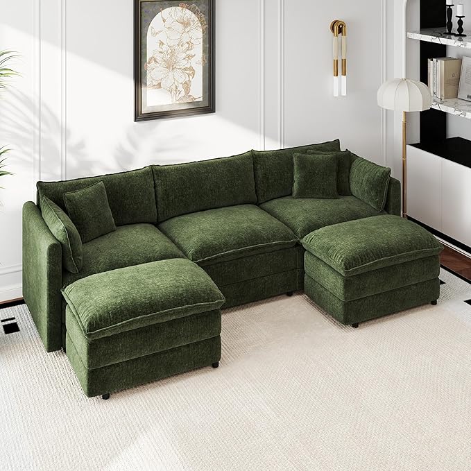 Aoowow Modular Sectional Sofa Modern Convertible U Shaped Couch,112.2 Inch Deep 3-Seater Sofas Set Comfy Chenille Cloud Sofas and Couches with Movable Ottoman for Living Room Apartment（Green）