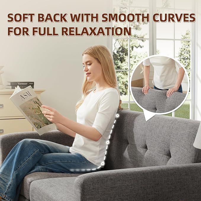 Tbfit 65" W Loveseat Sofa, Mid Century Modern Love Seat Couches for Living Room, Button Tufted Upholstered Small Couch for Bedroom, Solid and Easy to Install Love Seats Furniture, Grey | linen fabric, button tufted, solid wood foot, pocket spring, wood...