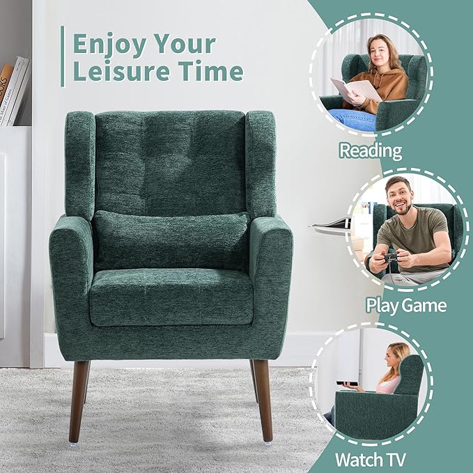 CHSICFOR Modern Accent Chair, Upholstered Arm Chair with Waist Pillow, Single Sofa Chair for Living Room Bedroom Small Spaces (Green)
