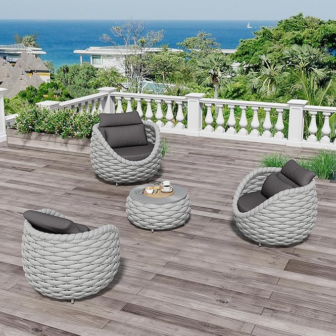 Erotr 4 Pieces Courtyard Seating Set: Aluminum Woven Rope Patio Furniture Chair Set - All Weather Metal Outdoor Conversation Set - Assembled Armchair w/Table for Bistro Deck Porch Balcony Pool Hotel