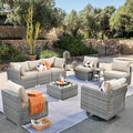 ovios Outdoor 9 Piece Coversation Set with Swivel Rocking Chair,Sectional Patio Furniture Set with All-Weather Wicker Sofa,Modern Outside Couch for Balcony Backyard Pool, Beige